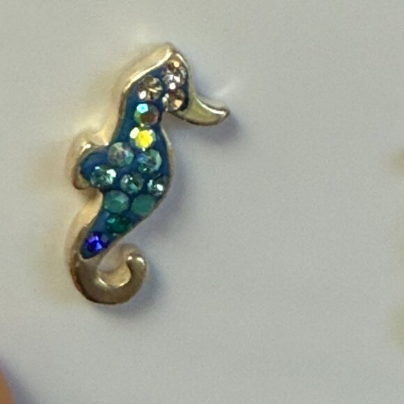 Sterling Silver Seahorse Stud Earrings Austrian Crystals Blue Glass Mosaico - Picture 7 of 7